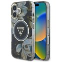 Guess Glitter Flowers Triangle Buttons MagSafe - Etui do iPhone 16 (czarny)