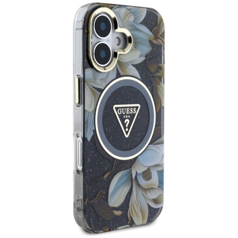 Guess Glitter Flowers Triangle Buttons MagSafe - Etui do iPhone 16 (czarny)