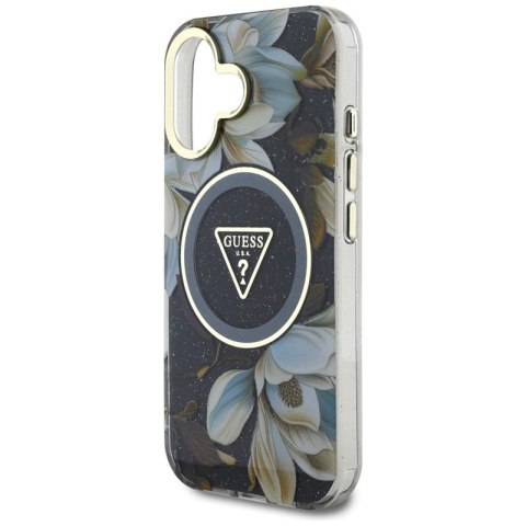 Guess Glitter Flowers Triangle Buttons MagSafe - Etui do iPhone 16 (czarny)