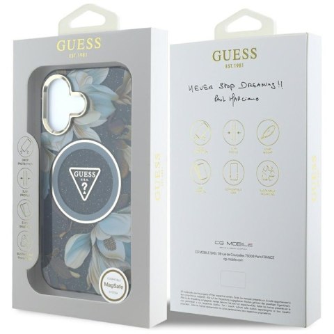 Guess Glitter Flowers Triangle Buttons MagSafe - Etui do iPhone 16 (czarny)