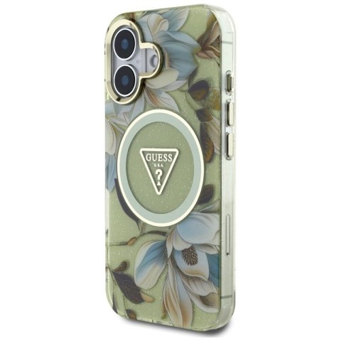 Guess Glitter Flowers Triangle Buttons MagSafe - Etui do iPhone 16 zielony
