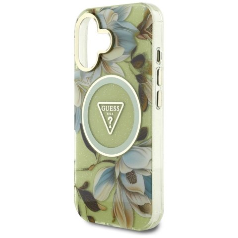 Guess Glitter Flowers Triangle Buttons MagSafe - Etui do iPhone 16 zielony
