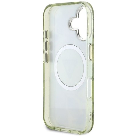Guess Glitter Flowers Triangle Buttons MagSafe - Etui do iPhone 16 zielony