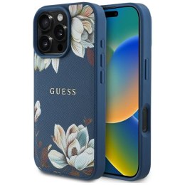 Guess Grained Printed Flower Pattern MagSafe - Etui do iPhone 16 Pro Max (niebieski)