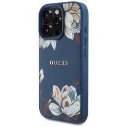 Guess Grained Printed Flower Pattern MagSafe - Etui do iPhone 16 Pro Max (niebieski)