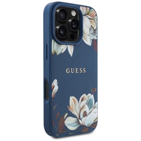 Guess Grained Printed Flower Pattern MagSafe - Etui do iPhone 16 Pro Max (niebieski)
