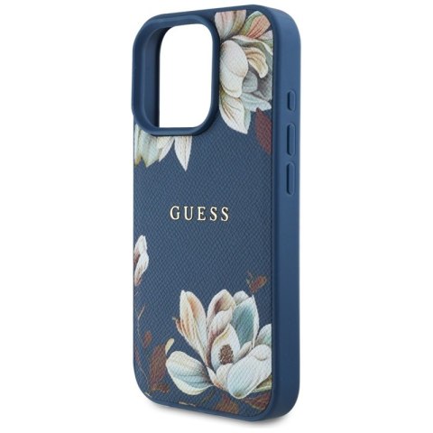 Guess Grained Printed Flower Pattern MagSafe - Etui do iPhone 16 Pro Max (niebieski)