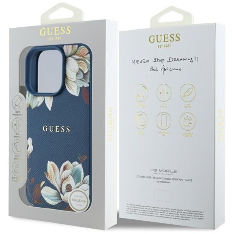 Guess Grained Printed Flower Pattern MagSafe - Etui do iPhone 16 Pro Max (niebieski)