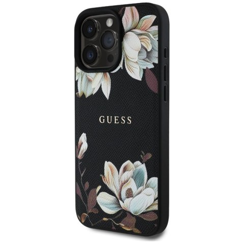 Guess Grained Printed Flower Pattern MagSafe - Etui do iPhone 16 Pro (czarny)