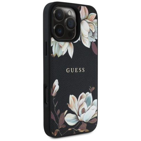 Guess Grained Printed Flower Pattern MagSafe - Etui do iPhone 16 Pro (czarny)