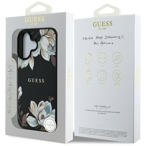 Guess Grained Printed Flower Pattern MagSafe - Etui do iPhone 16 (czarny)