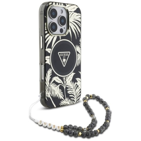 Guess Palm Trees Triangle Pearl Strap MagSafe - Etui do iPhone 16 Pro (czarny)