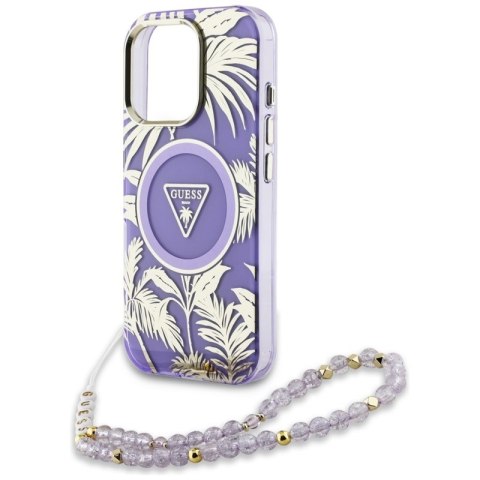 Guess Palm Trees Triangle Pearl Strap MagSafe - Etui do iPhone 16 Pro (fioletowy)