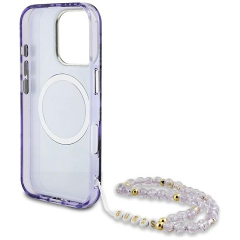 Guess Palm Trees Triangle Pearl Strap MagSafe - Etui do iPhone 16 Pro (fioletowy)