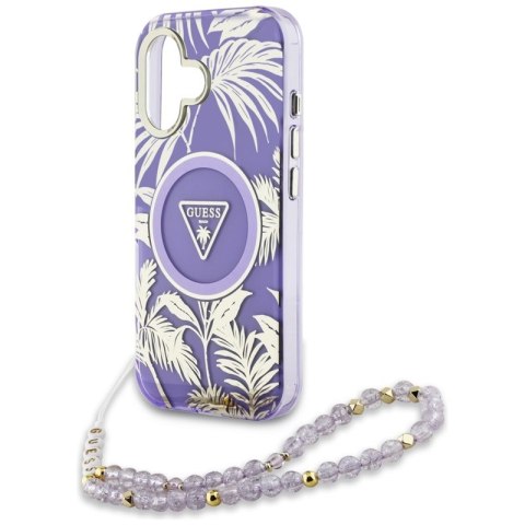 Guess Palm Trees Triangle Pearl Strap MagSafe - Etui do iPhone 16 (fioletowy)