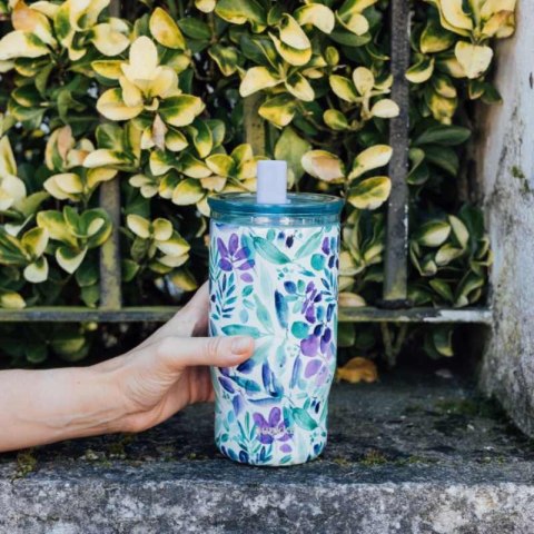 Quokka Mist - Kubek termiczny ze stali nierdzewnej 720 ml ze słomką (Violet Blooms)