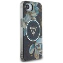 Guess IML Metal Glitter Flowers Triangle MagSafe - Etui do iPhone 16e (czarny)