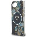 Guess IML Metal Glitter Flowers Triangle MagSafe - Etui do iPhone 16e (czarny)