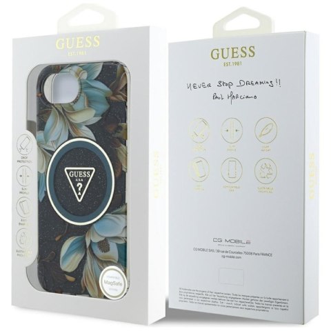 Guess IML Metal Glitter Flowers Triangle MagSafe - Etui do iPhone 16e (czarny)