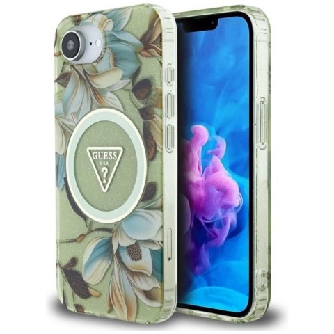 Guess IML Metal Glitter Flowers Triangle MagSafe - Etui do iPhone 16e (zielony)