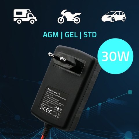 Qoltec Automatyczna ładowarka do akumulatora AGM GEL STD 6V/12V| 2A | Prostownik z funkcją naprawy i wyświetlaczem LED