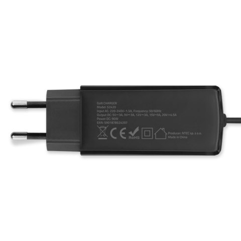 Qoltec Ładowarka sieciowa 90W GaN Super Fast | 5-20V | 3-4.5A | USB-C 3.1 | Laptop | Smartfon | Tablet
