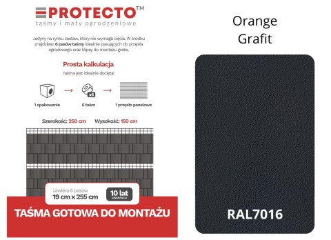 Taśma ogrodzeniowa PASKI 6 x 2,55mb ORANGE 19cm PROTECTO™ GRAFIT + 12 klipsów GRATIS