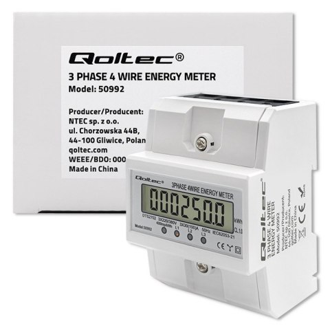 Qoltec Trójfazowy elektroniczny licznik | miernik zużycia energii na szynę DIN | 400V | 100A | LCD | 4P