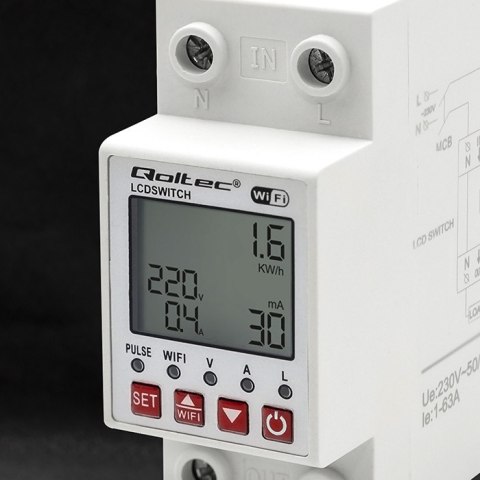 Qoltec Przekaźnik 63A na szynę DIN z licznikiem energii elektrycznej | Timer | Tuya | Wi-Fi | LED