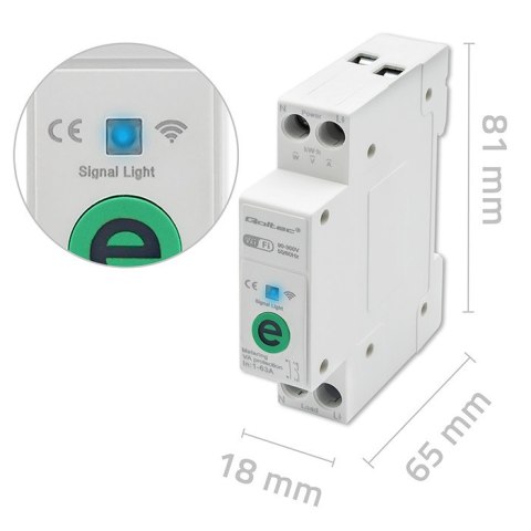 Qoltec Przekaźnik 63A na szynę DIN z licznikiem energii elektrycznej | eWeLink od Sonoff | Wi-Fi | Dioda LED