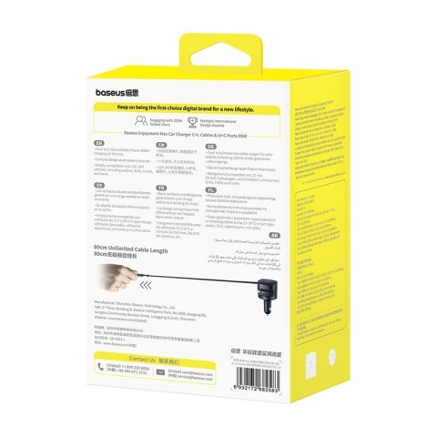 Ładowarka samochodowa Baseus Enjoyment Max z kablami USB-C+Lightning i portami USB-A+USB-C 90W Czarny