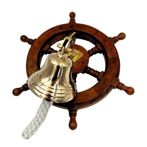 Dzwon Okrętowy Mosiężny w Kole Sterowym - Dekoracja Marynistyczna - NC2356A