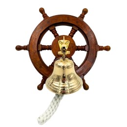 Dzwon Okrętowy Mosiężny w Kole Sterowym - Dekoracja Marynistyczna - NC2356A