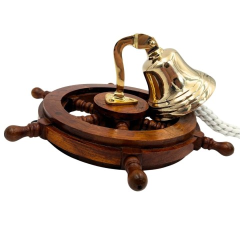 Dzwon Okrętowy Mosiężny w Kole Sterowym - Dekoracja Marynistyczna - NC2356A