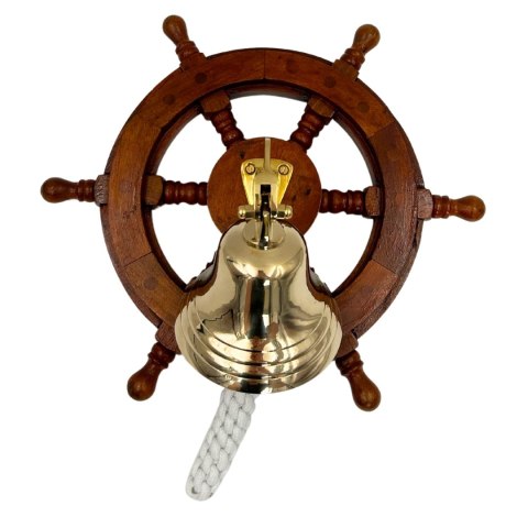 Dzwon Okrętowy Mosiężny w Kole Sterowym - Dekoracja Marynistyczna - NC2356A