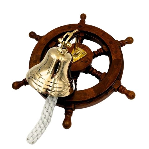 Dzwon Okrętowy Mosiężny w Kole Sterowym - Dekoracja Marynistyczna - NC2356A