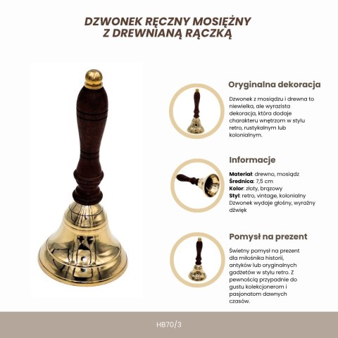 Dzwonek Ręczny Mosiężny z Drewnianą Rączką - Retro - HB70/3