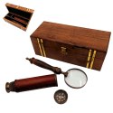 Zestaw Prezentowy Retro - Kompas, Luneta i Lupa w Pudełku Drewnianym - NC102369