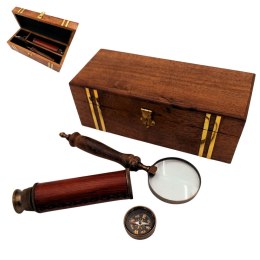 Zestaw Prezentowy Retro - Kompas, Luneta i Lupa w Pudełku Drewnianym - NC102369