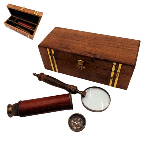 Zestaw Prezentowy Retro - Kompas, Luneta i Lupa w Pudełku Drewnianym - NC102369