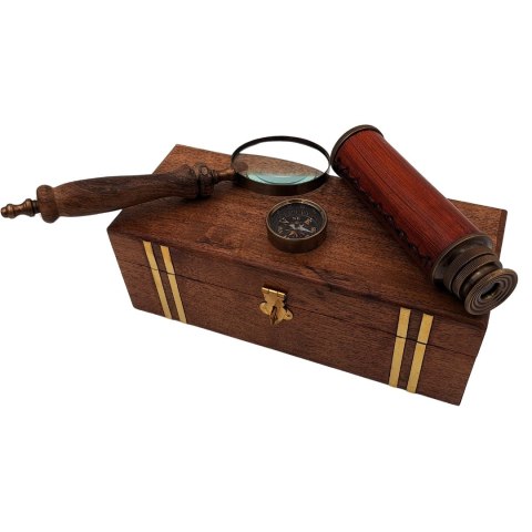 Zestaw Prezentowy Retro - Kompas, Luneta i Lupa w Pudełku Drewnianym - NC102369