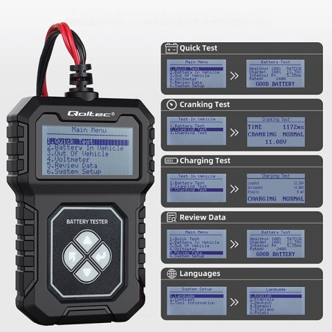 Qoltec Cyfrowy tester akumulatora z LCD | Polskie Menu | 12V | AGM | GEL | STD | 30-220AH