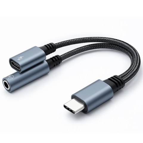 Qoltec Adapter przejściówka 2w1 USB-C | USB-C | Jack 3.5mm | PD 15W | 10cm | Aluminium