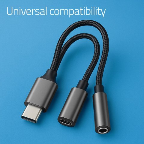 Qoltec Adapter przejściówka 2w1 USB-C | USB-C | Jack 3.5mm | PD 15W | 10cm | Aluminium