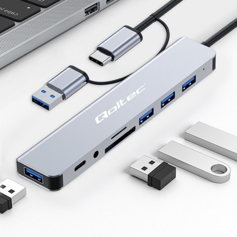 Qoltec Hub Adapter 8w1 USB-C/USB | USB-C | 4xUSB | SD/TF card | JACK 3.5mm TRRS