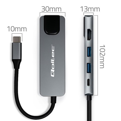 Qoltec Hub Adapter USB-C 5w1 | USB-C PD 100W | 2x USB | HDMI 4K | RJ45