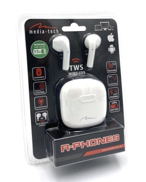 R-PHONES TWS - mini Słuchawki douszne Bluetooth 5.3 z technologią TWS, w komplecie powerbank/ładowarka z akumulatorem, białe