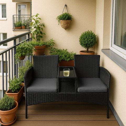 Ławka ogrodowa z technorattanu sofa CORDOBA czarna z szarymi poduszkami