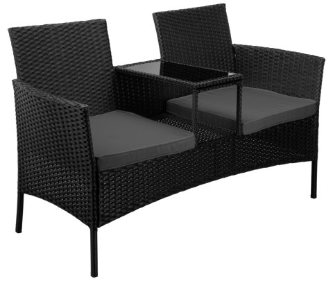 Ławka ogrodowa z technorattanu sofa CORDOBA czarna z szarymi poduszkami