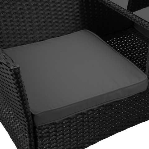 Ławka ogrodowa z technorattanu sofa CORDOBA czarna z szarymi poduszkami